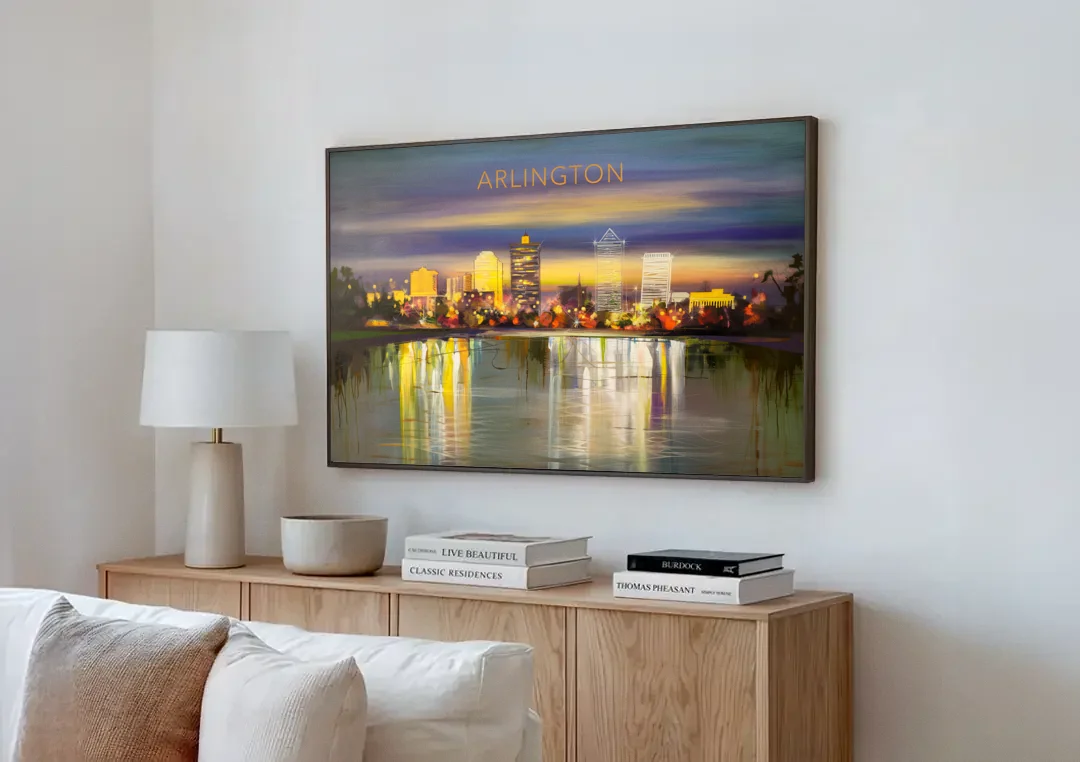 Arlington Cityscape Reflection canvas wall art above a wooden sideboard next to a sofa