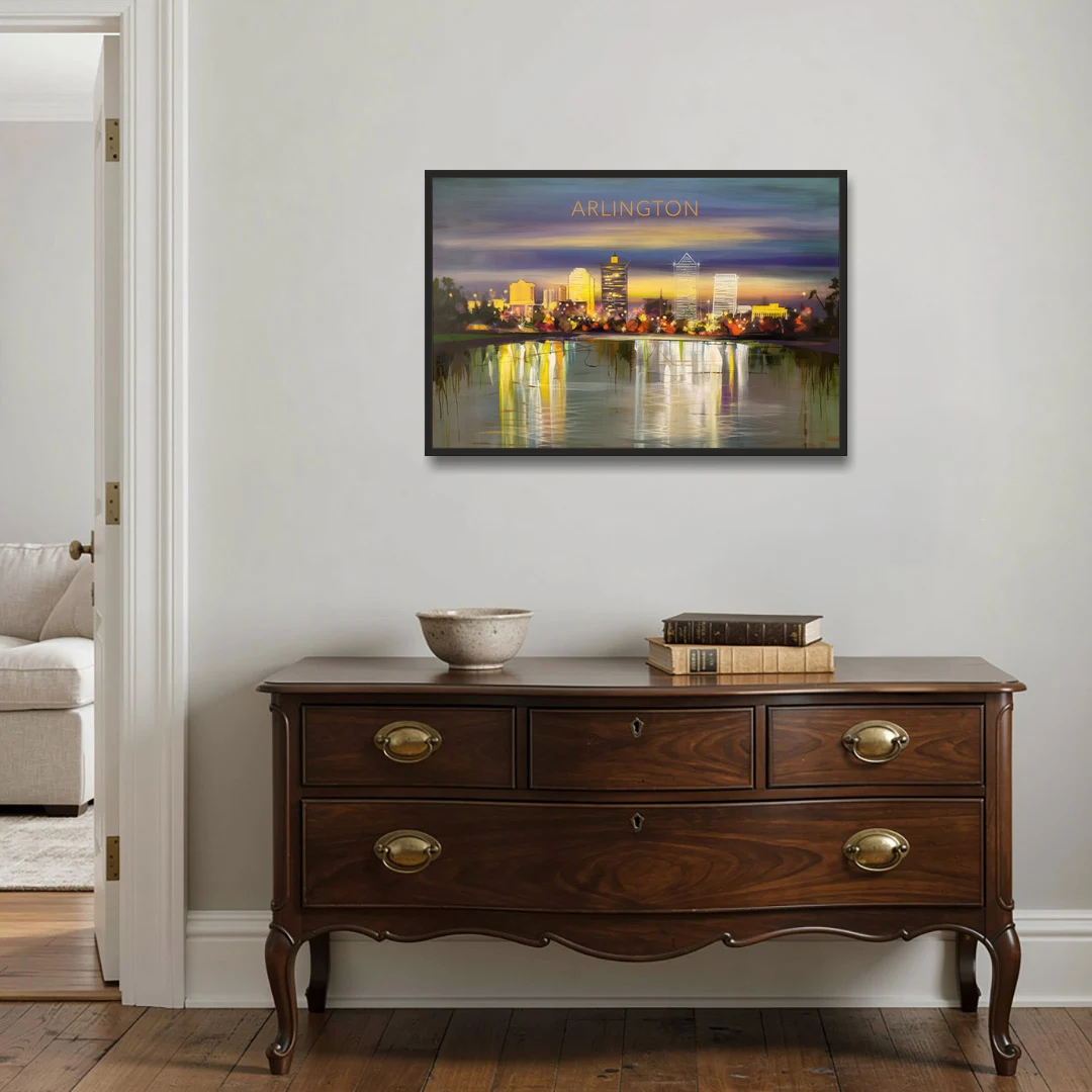 Arlington Cityscape Reflection - Black Framed Canvas Wall Art - Coffee Table - 36x24