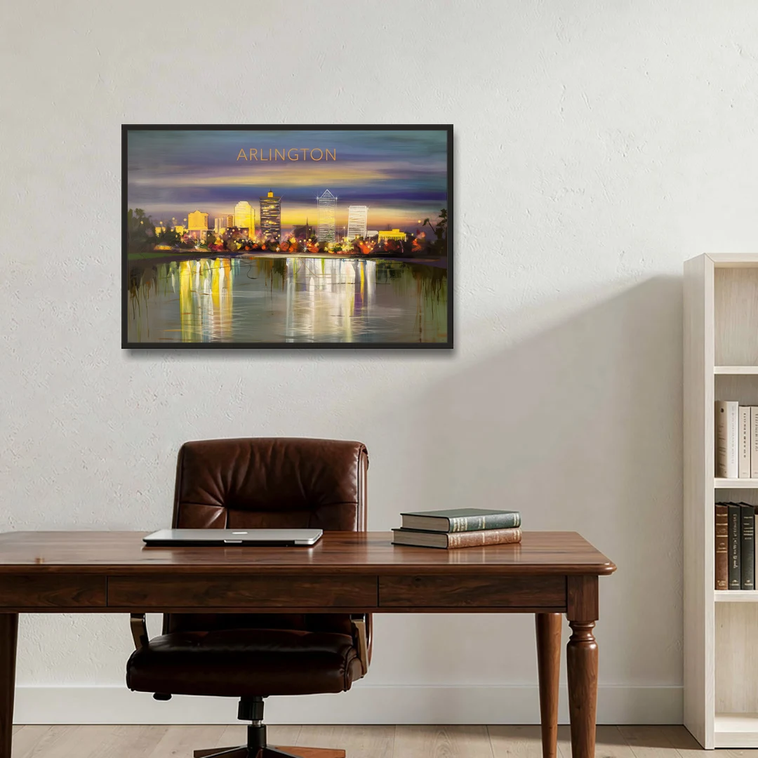 Arlington Cityscape Reflection - Black Framed Canvas Wall Art - Office - 36x24