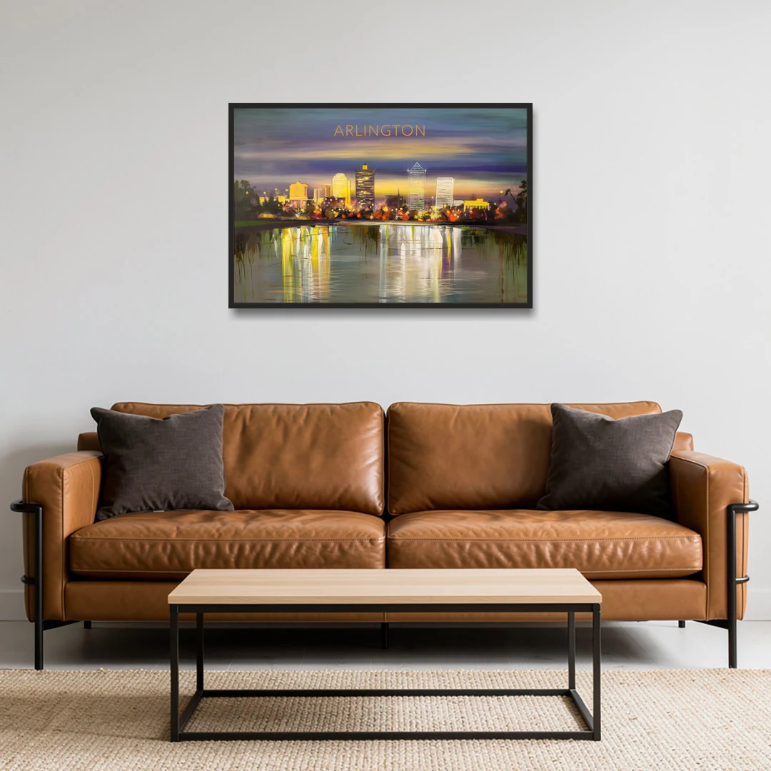 Arlington Cityscape Reflection - Black Framed Canvas Wall Art - Sofa - 36x24