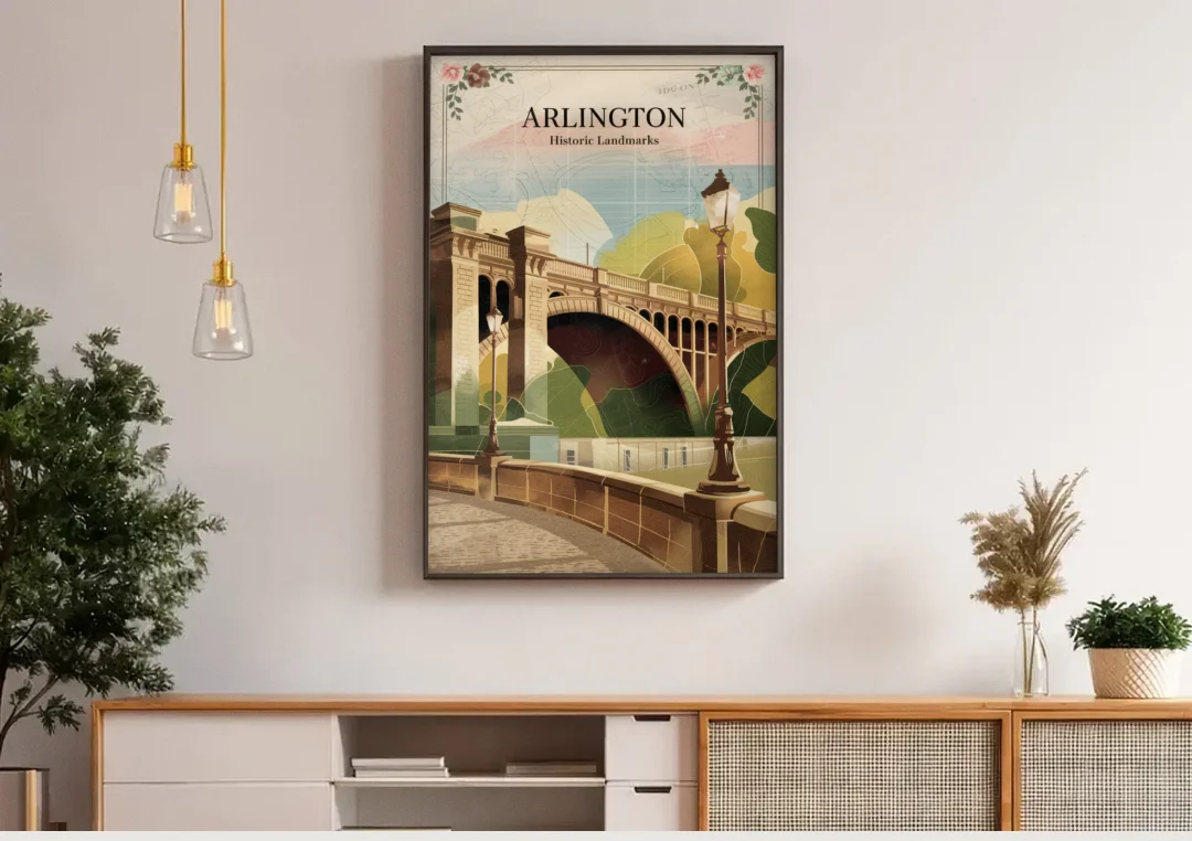 Arlington Historic Landmarks canvas wall art above a wooden sideboard under pendant lights
