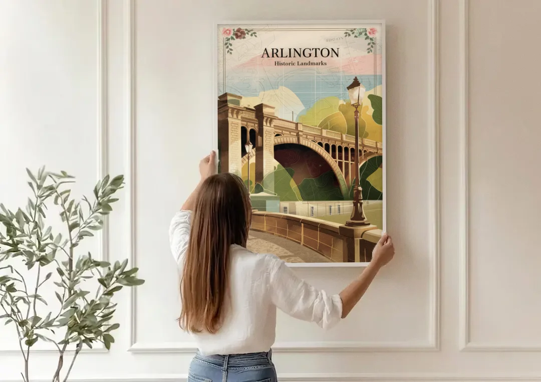 Arlington Historic Landmarks canvas wall art being hung on a paneled wall