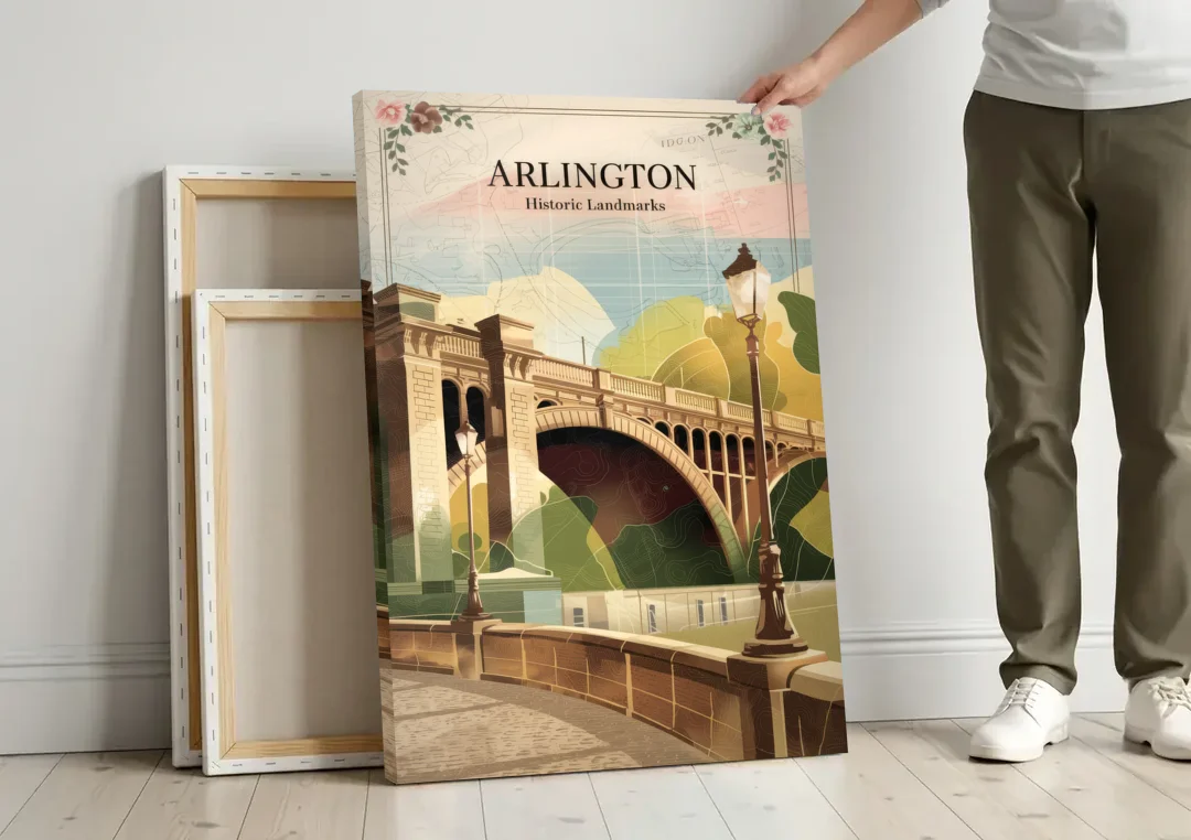 Arlington Historic Landmarks canvas wall art leaning against a wall next to blank canvases