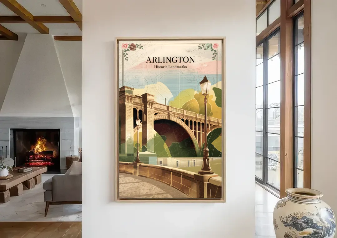 Arlington Historic Landmarks canvas wall art in a living room with a fireplace