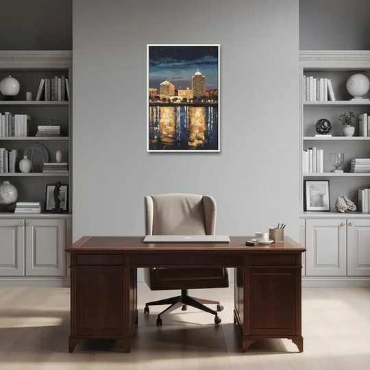 Arlington Night Lights - White Framed Canvas Wall Art - Office - 24x36