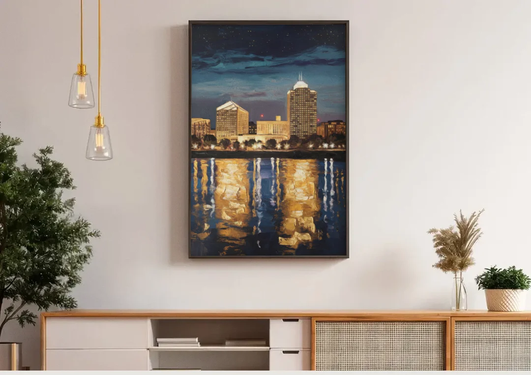 Arlington Night Lights canvas wall art above a wooden sideboard under pendant lights