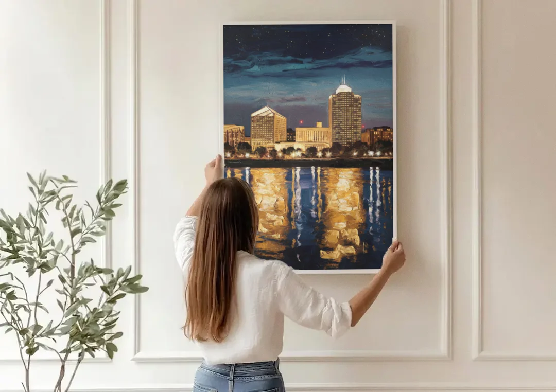Arlington Night Lights canvas wall art being hung on a paneled wall