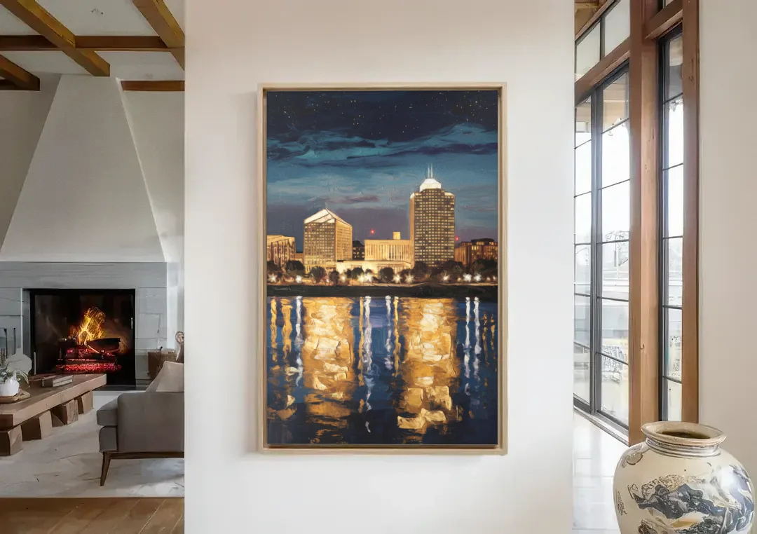 Arlington Night Lights canvas wall art in a living room with a fireplace