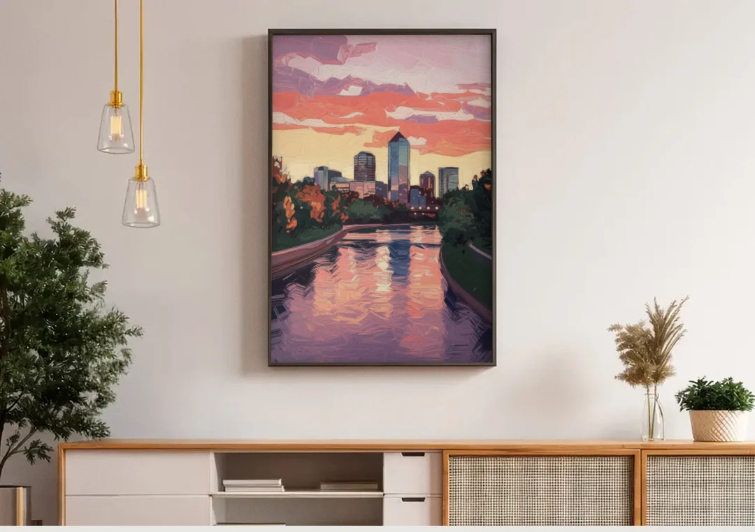 Arlington Skyline Sunset canvas wall art above a wooden sideboard under pendant lights