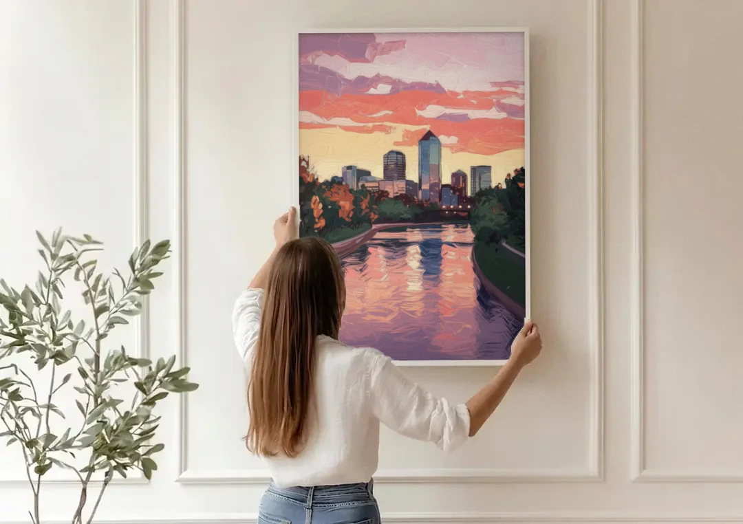Arlington Skyline Sunset canvas wall art being hung on a paneled wall
