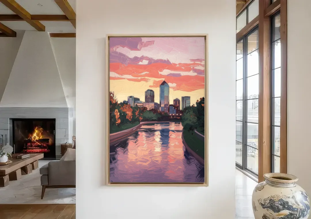 Arlington Skyline Sunset canvas wall art in a living room with a fireplace