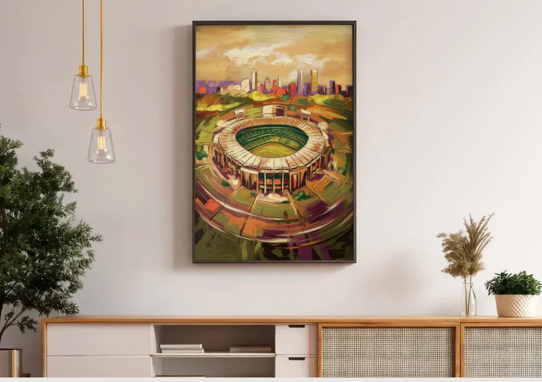 Arlington Stadium View canvas wall art above a wooden sideboard under pendant lights