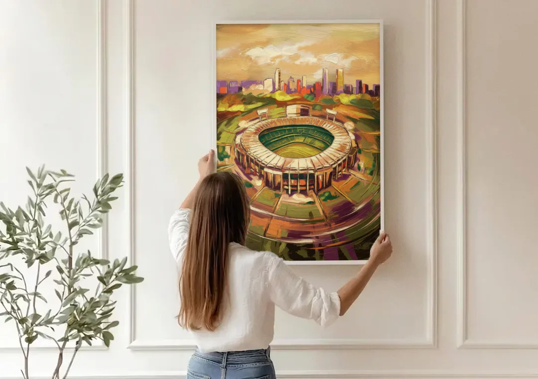 Arlington Stadium View canvas wall art being hung on a paneled wall