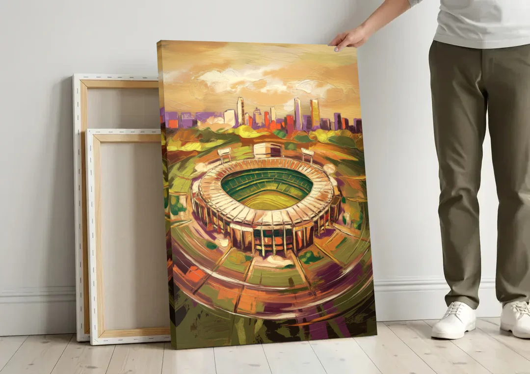 Arlington Stadium View canvas wall art leaning against a wall next to blank canvases