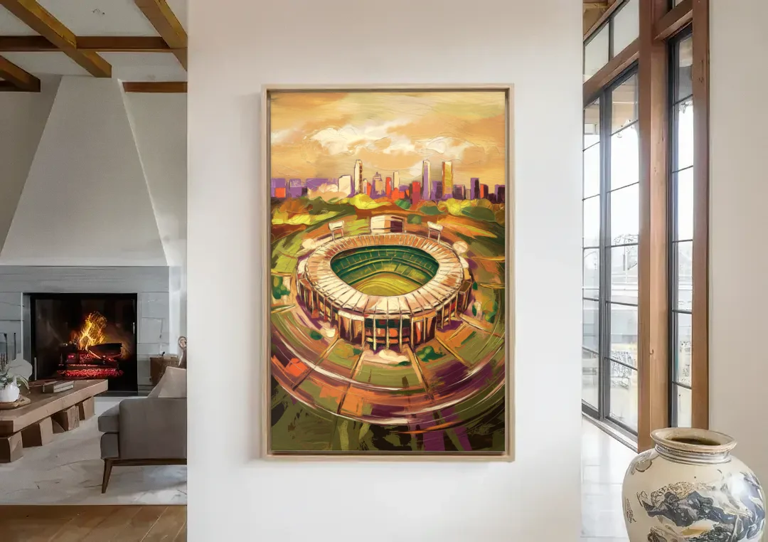 Arlington Stadium View canvas wall art in a living room with a fireplace