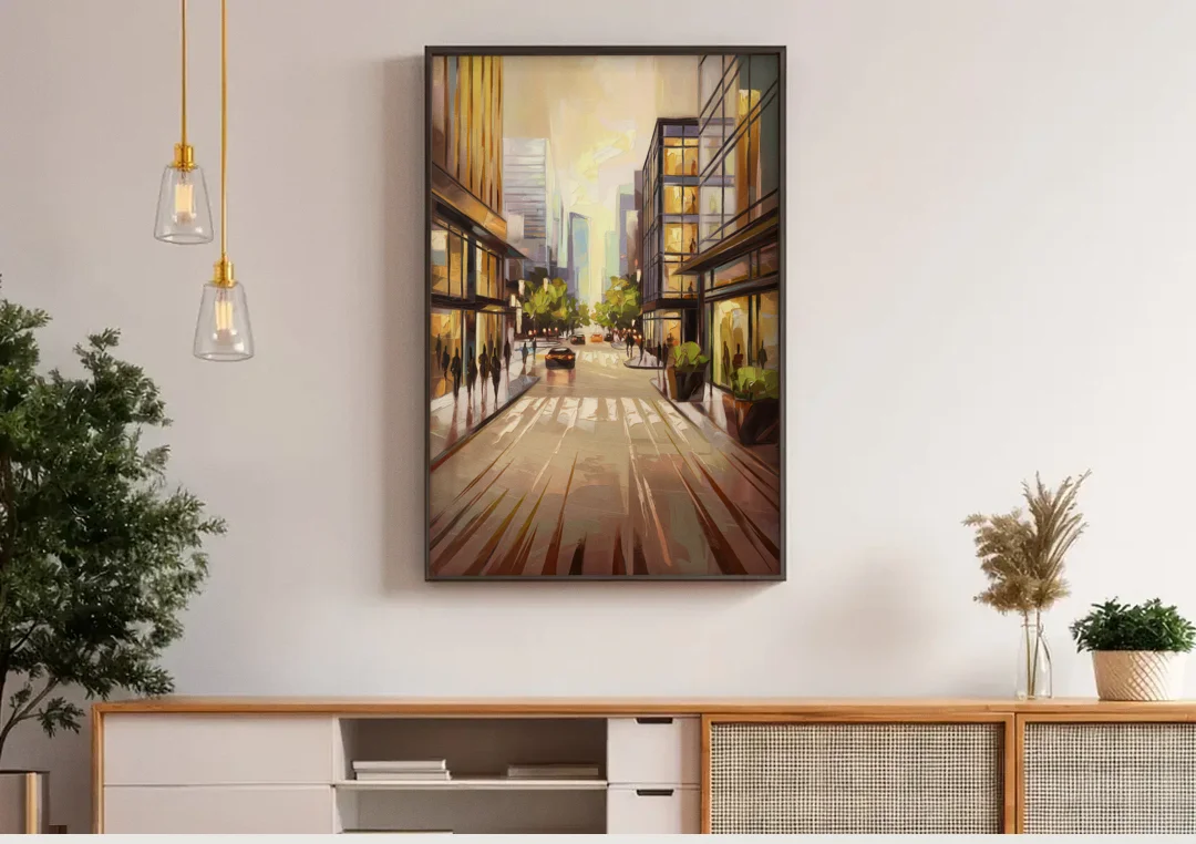 Arlington Urban Streets canvas wall art above a wooden sideboard under pendant lights