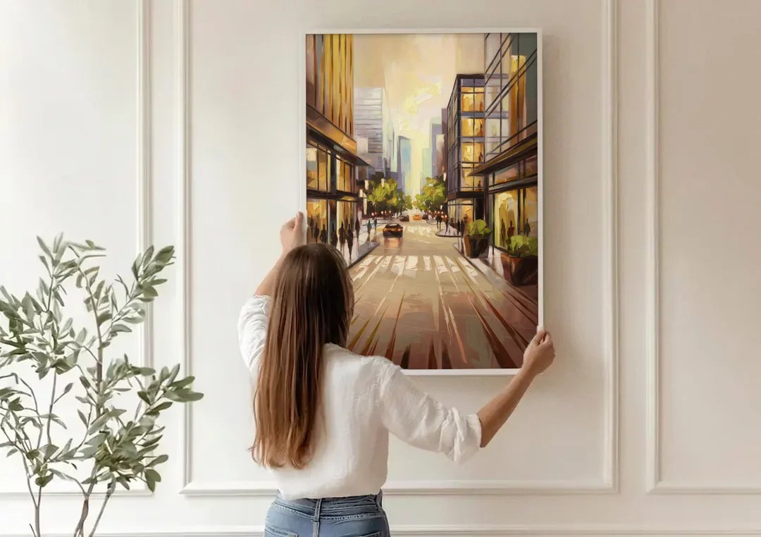 Arlington Urban Streets canvas wall art being hung on a paneled wall