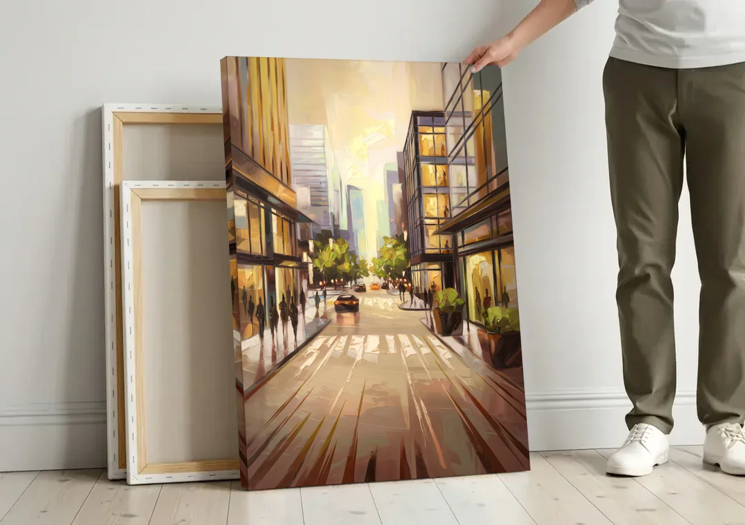 Arlington Urban Streets canvas wall art leaning against a wall next to blank canvases