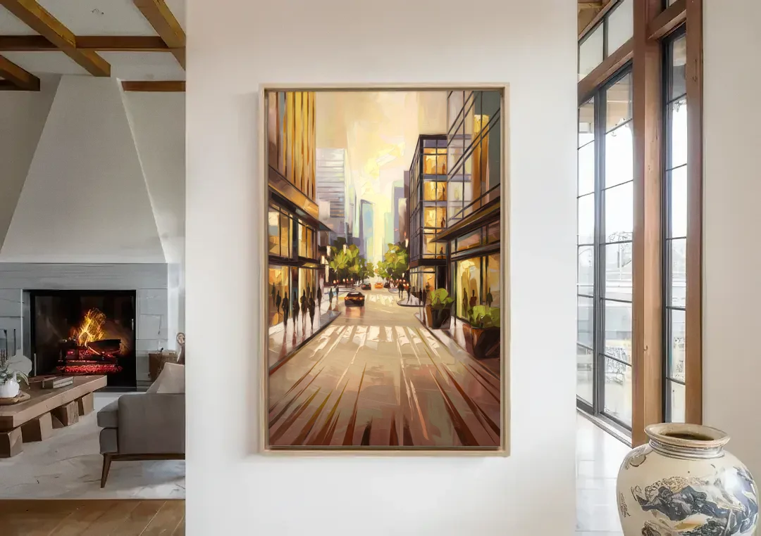 Arlington Urban Streets canvas wall art in a living room with a fireplace