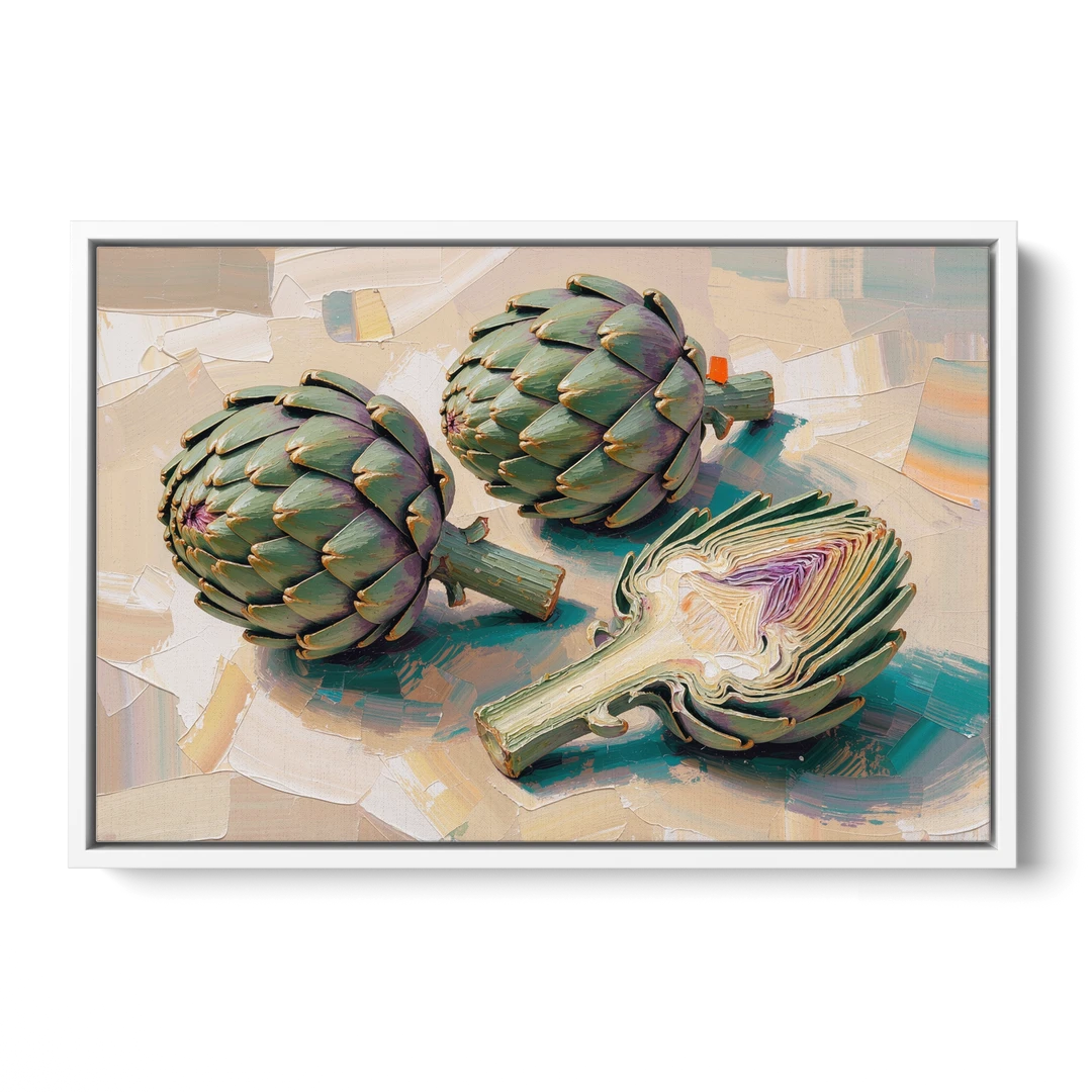 Artichoke Painting with Sliced Heart - White Framed Canvas Wall Art - Front