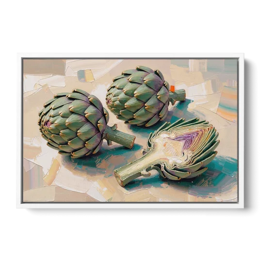 Artichoke Painting with Sliced Heart - White Framed Canvas Wall Art - Front