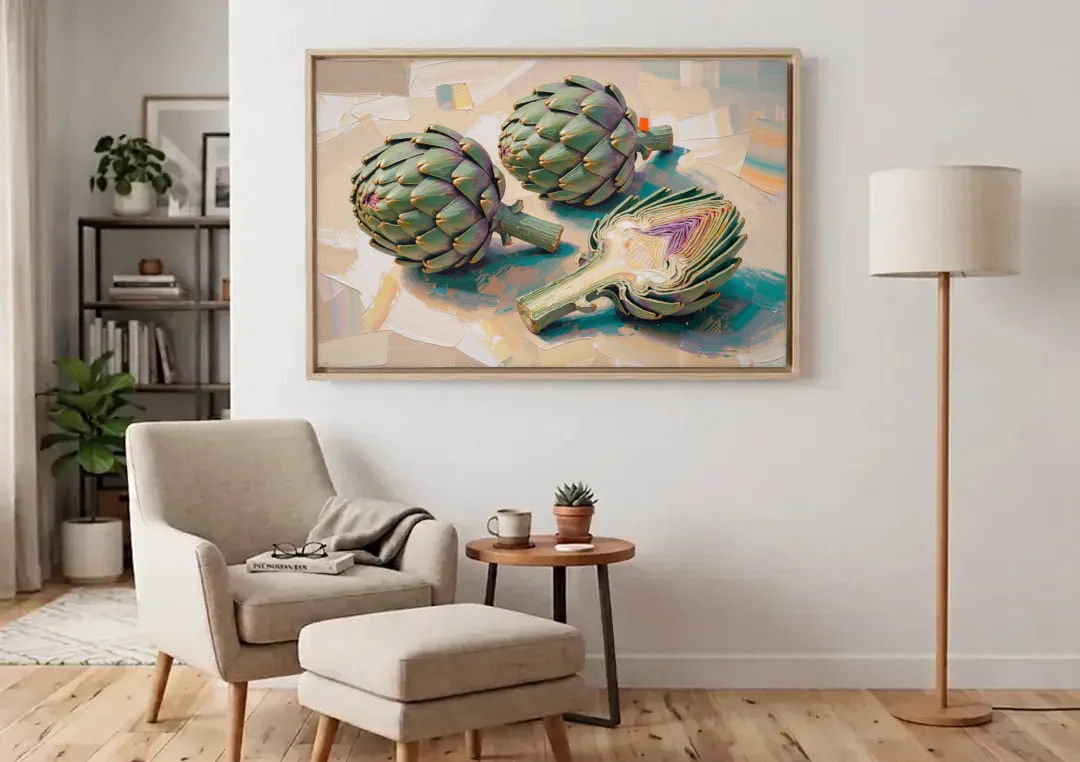 Artichoke Painting with Sliced Heart canvas wall art above an armchair in a bright living room