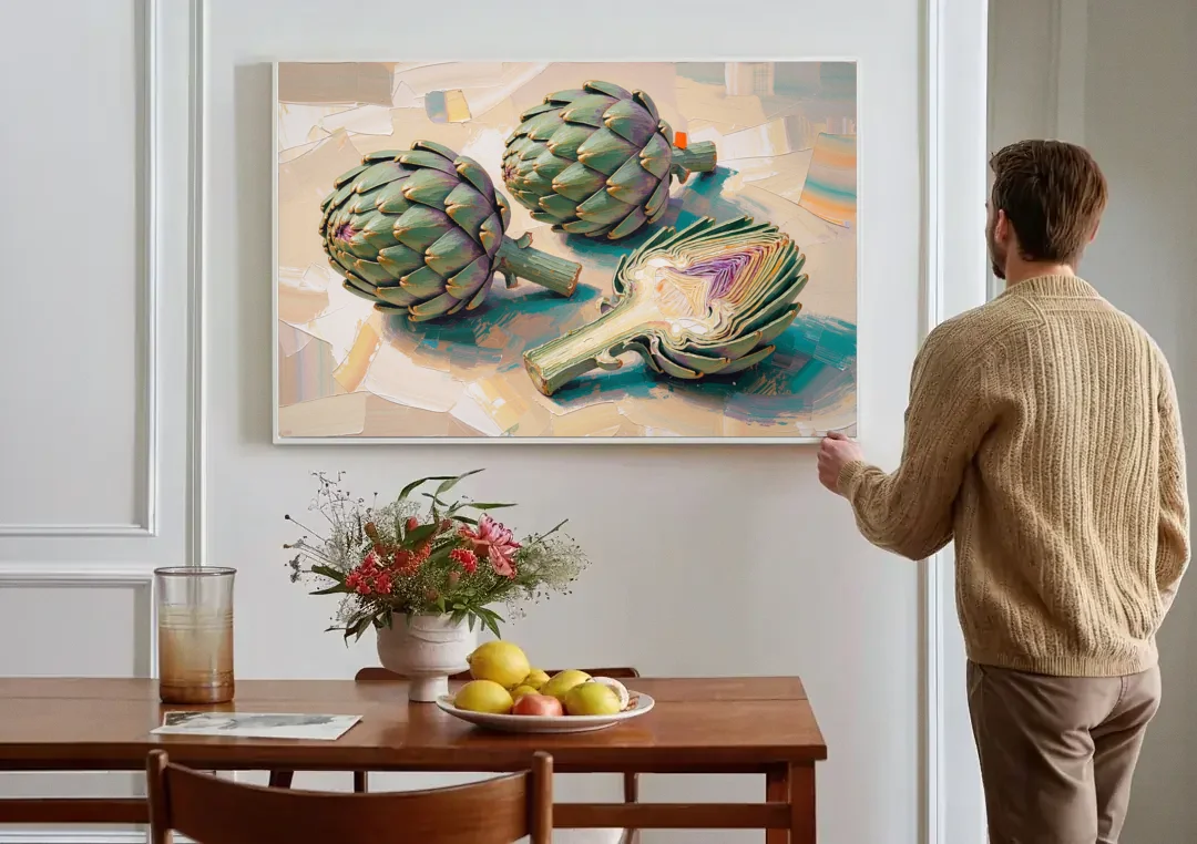 Artichoke Painting with Sliced Heart canvas wall art above a dining table