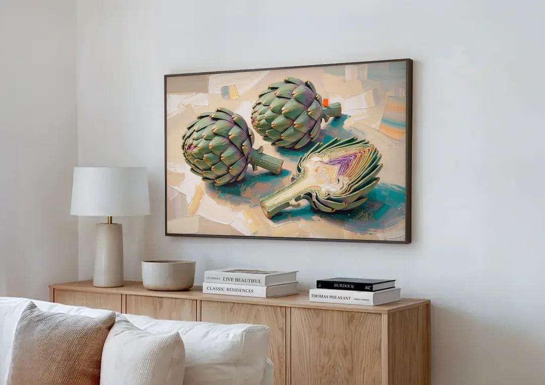Artichoke Painting with Sliced Heart canvas wall art above a wooden sideboard next to a sofa