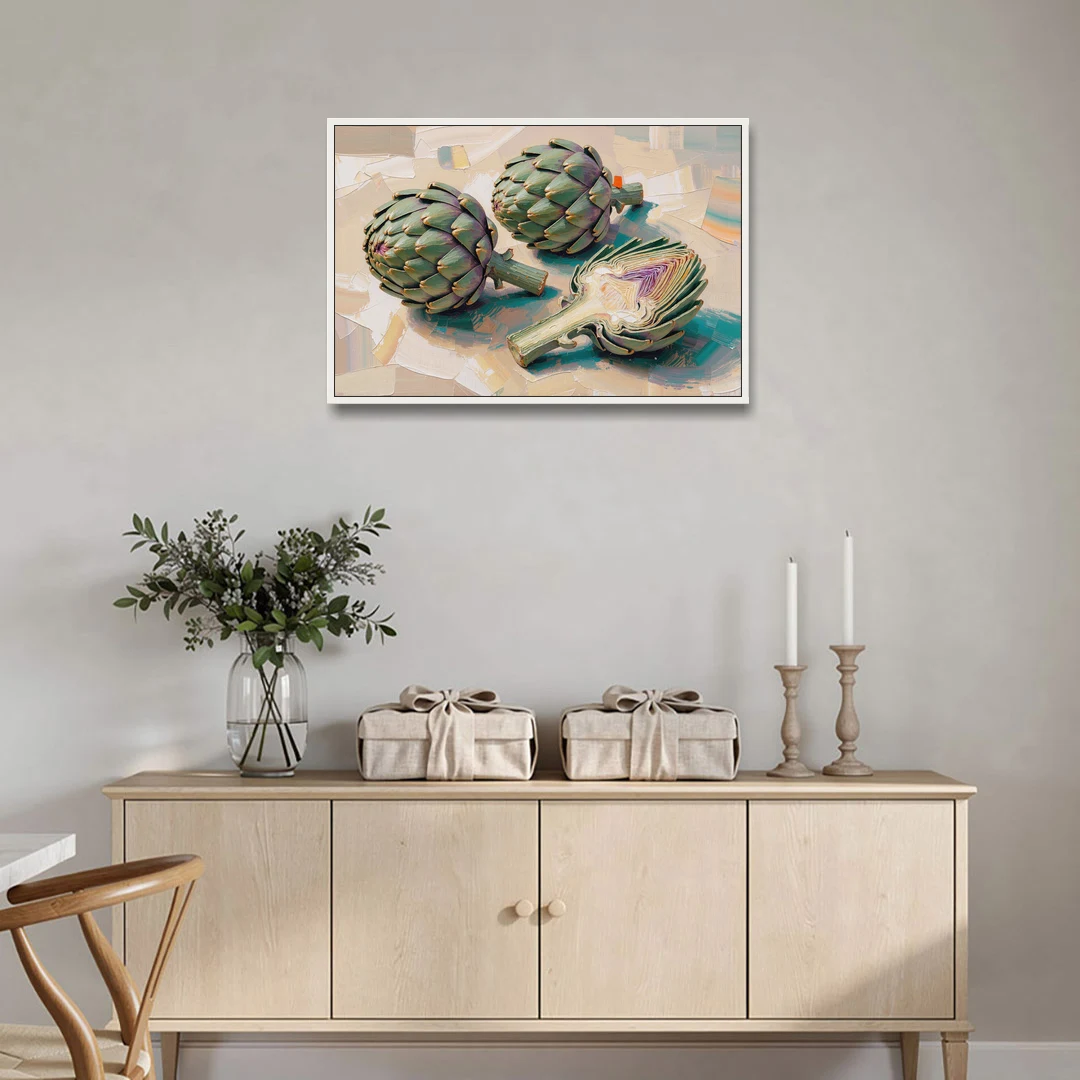 Artichoke Painting with Sliced Heart - White Framed Canvas Wall Art - Coffee Table - 36x24