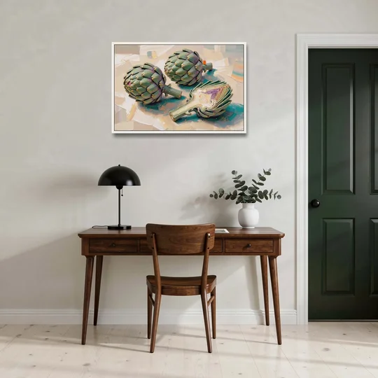 Artichoke Painting with Sliced Heart - White Framed Canvas Wall Art - Office - 36x24