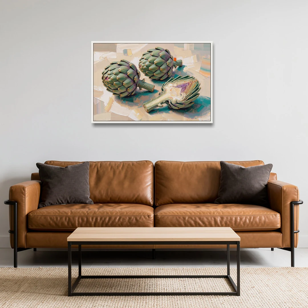 Artichoke Painting with Sliced Heart - White Framed Canvas Wall Art - Sofa - 36x24