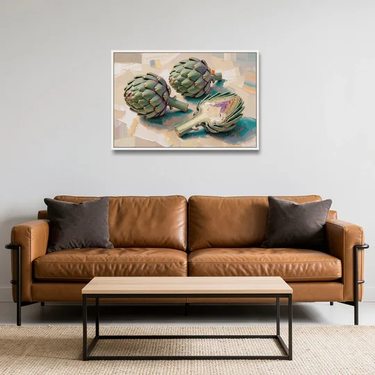 Artichoke Painting with Sliced Heart - White Framed Canvas Wall Art - Sofa - 36x24