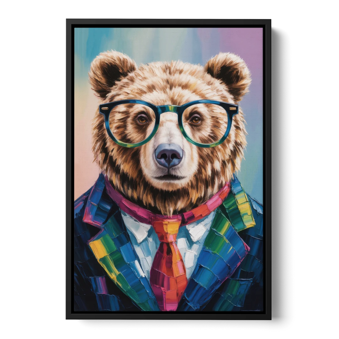 Artistic Bear with Glasses - Black Framed Canvas Wall Art - Front