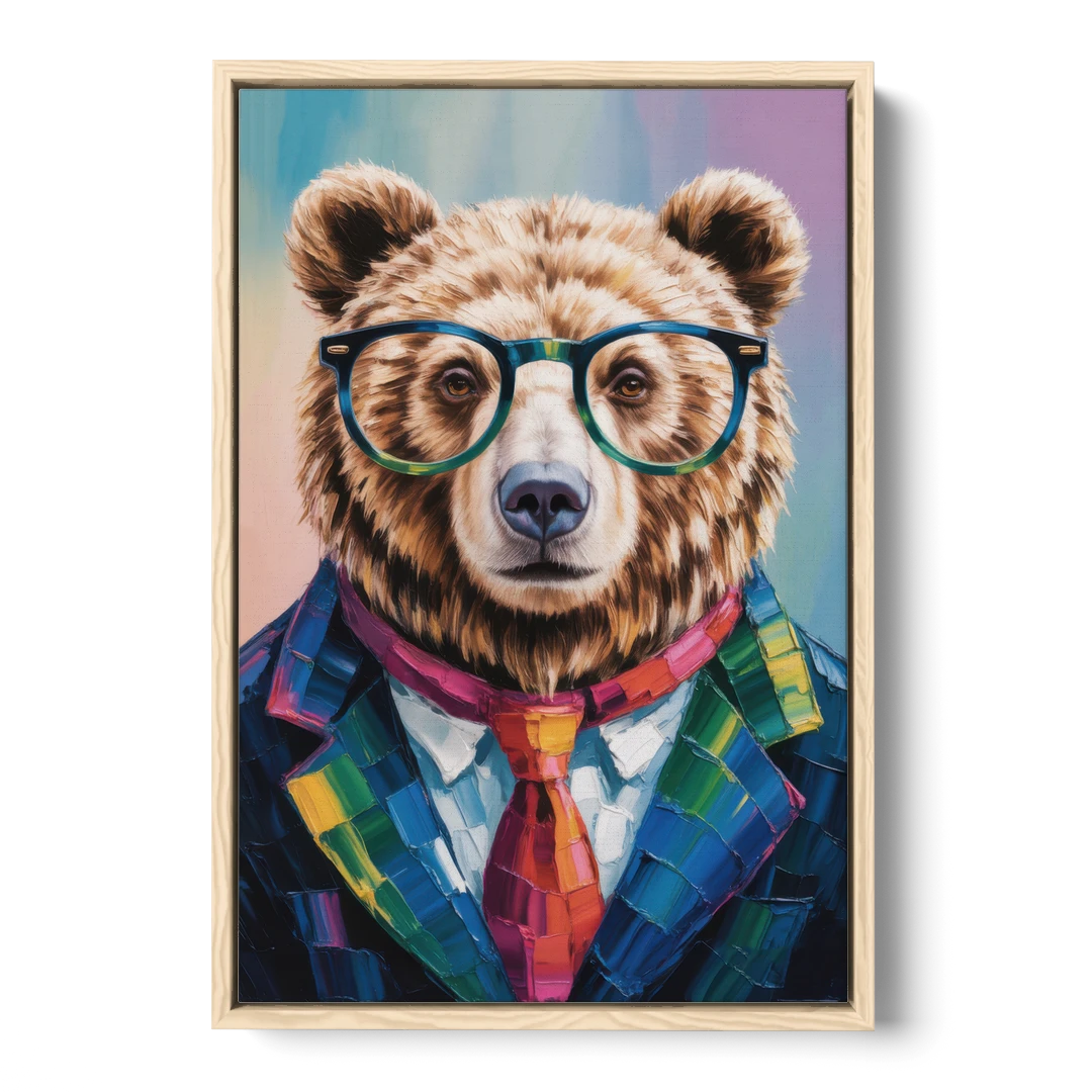Artistic Bear with Glasses - Oak Framed Canvas Wall Art - Front