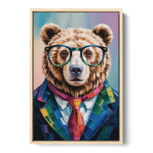 Artistic Bear with Glasses - Oak Framed Canvas Wall Art - Front