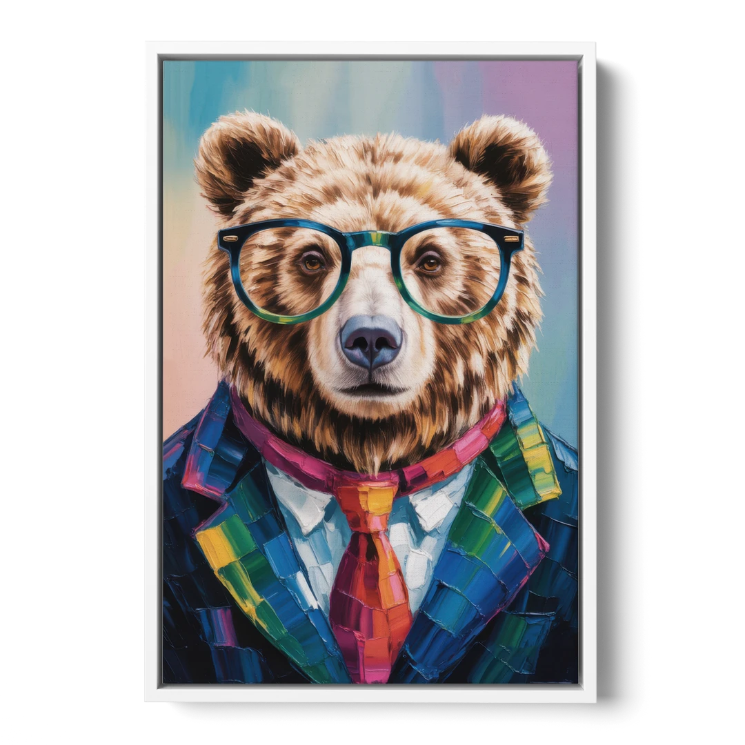 Artistic Bear with Glasses - White Framed Canvas Wall Art - Front