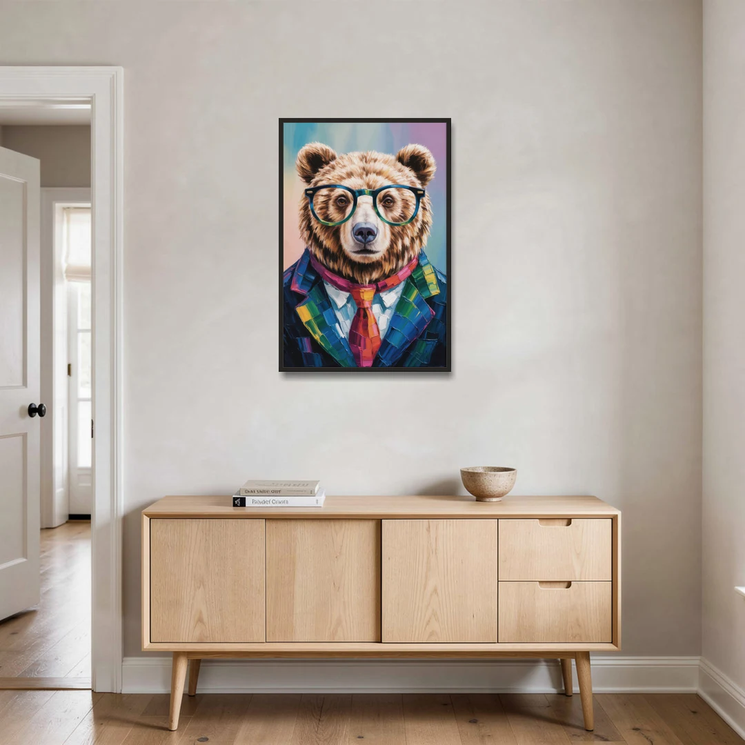 Artistic Bear with Glasses - Black Framed Canvas Wall Art - Coffee Table - 24x36