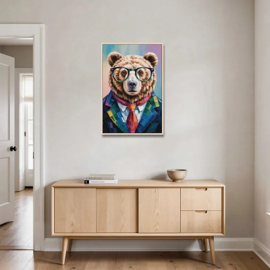 Artistic Bear with Glasses - Oak Framed Canvas Wall Art - Coffee Table - 24x36