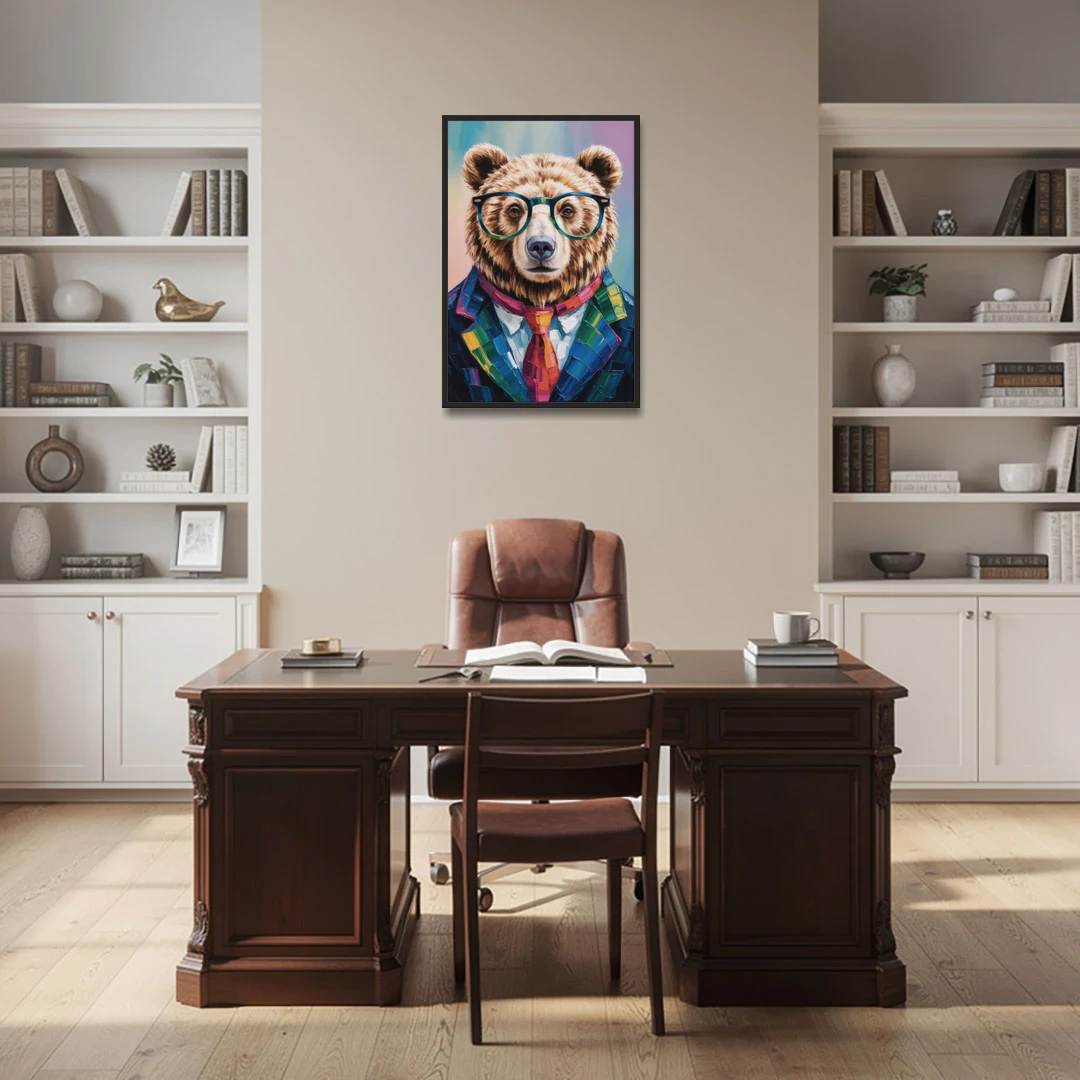 Artistic Bear with Glasses - Black Framed Canvas Wall Art - Office - 24x36