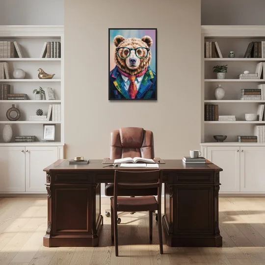 Artistic Bear with Glasses - Black Framed Canvas Wall Art - Office - 24x36