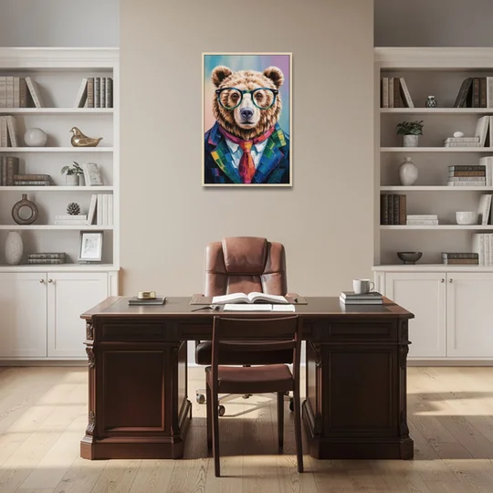 Artistic Bear with Glasses - Oak Framed Canvas Wall Art - Office - 24x36