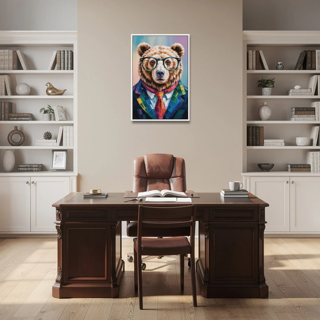 Artistic Bear with Glasses - White Framed Canvas Wall Art - Office - 24x36