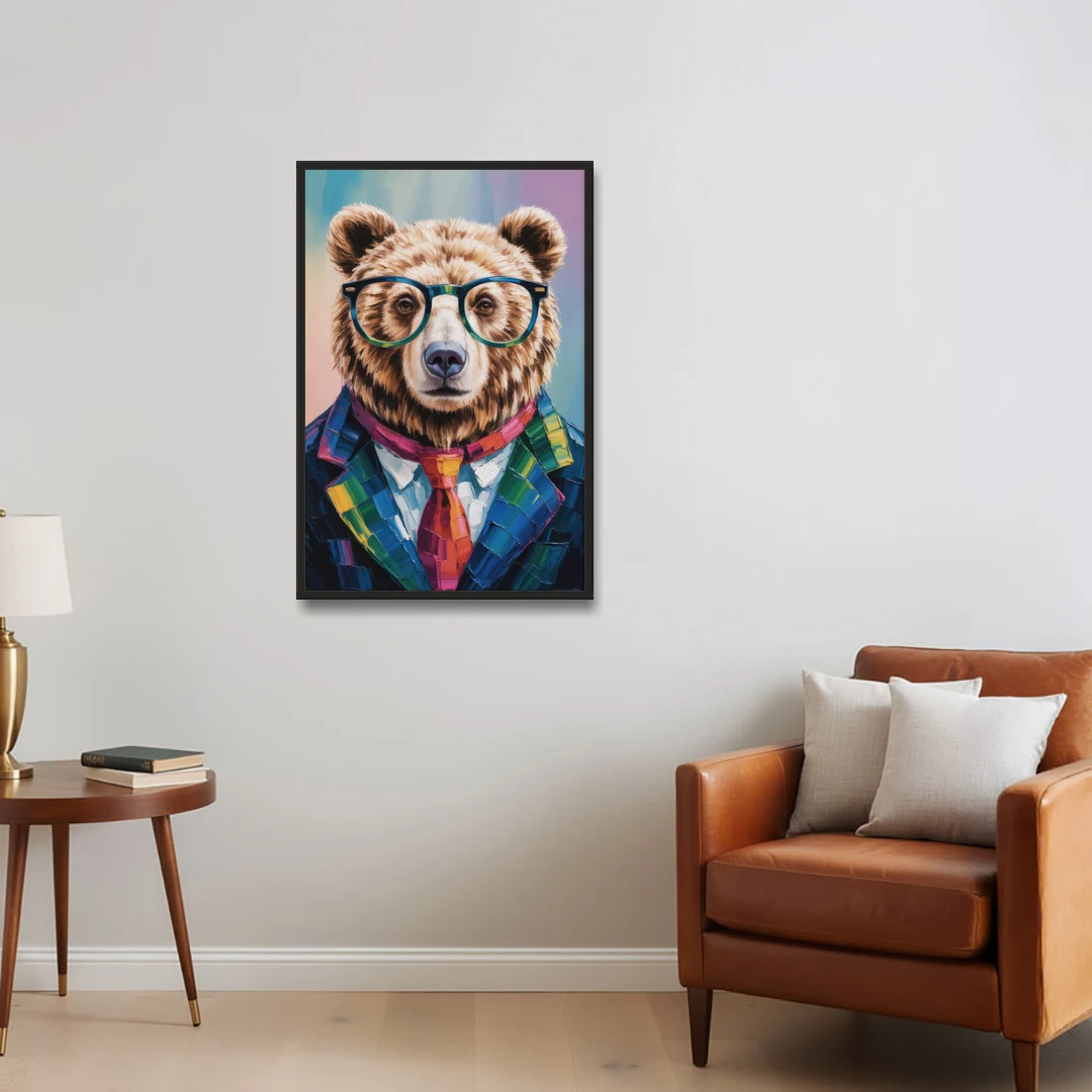 Artistic Bear with Glasses - Black Framed Canvas Wall Art - Sofa - 24x36