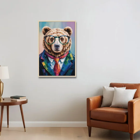 Artistic Bear with Glasses - Oak Framed Canvas Wall Art - Sofa - 24x36