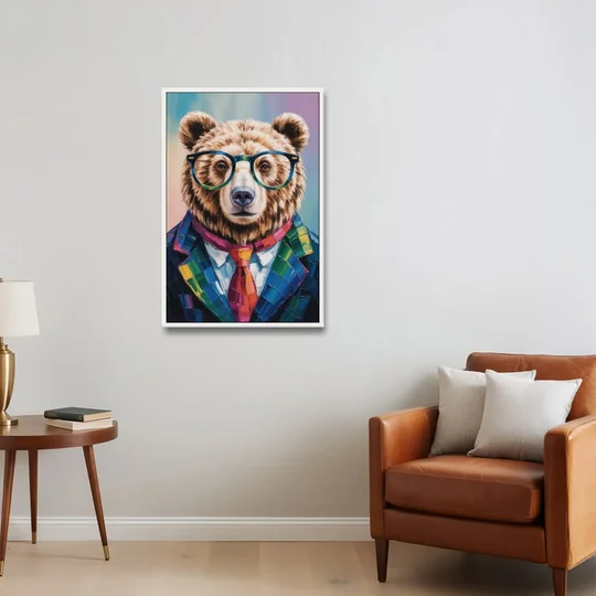 Artistic Bear with Glasses - White Framed Canvas Wall Art - Sofa - 24x36