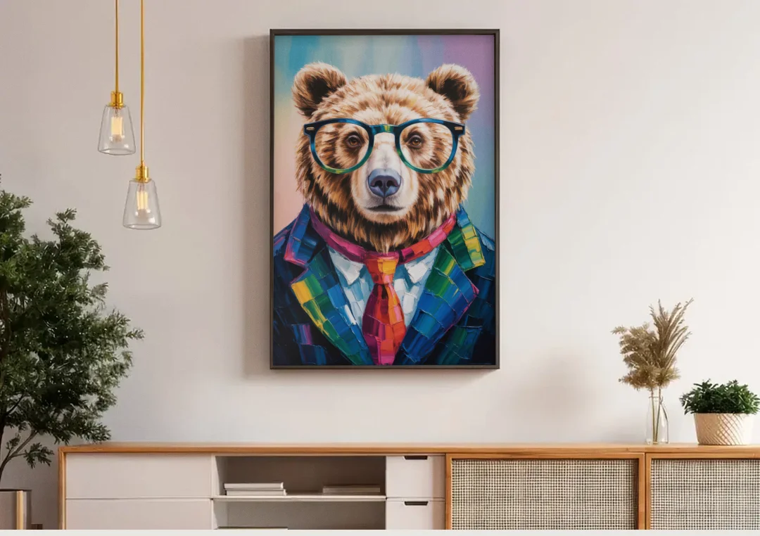 Artistic Bear with Glasses canvas wall art above a wooden sideboard under pendant lights