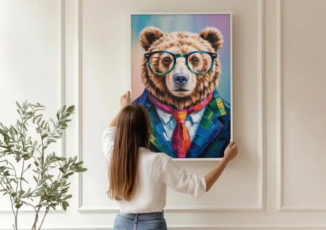 Artistic Bear with Glasses canvas wall art being hung on a paneled wall