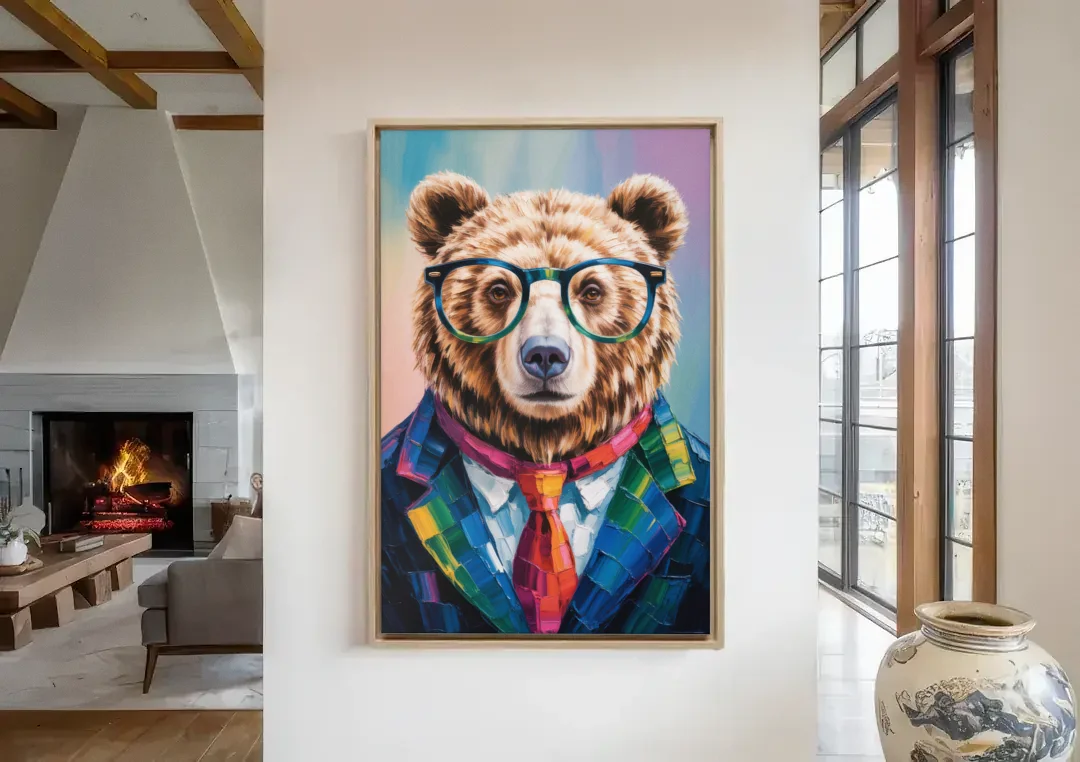 Artistic Bear with Glasses canvas wall art in a living room with a fireplace