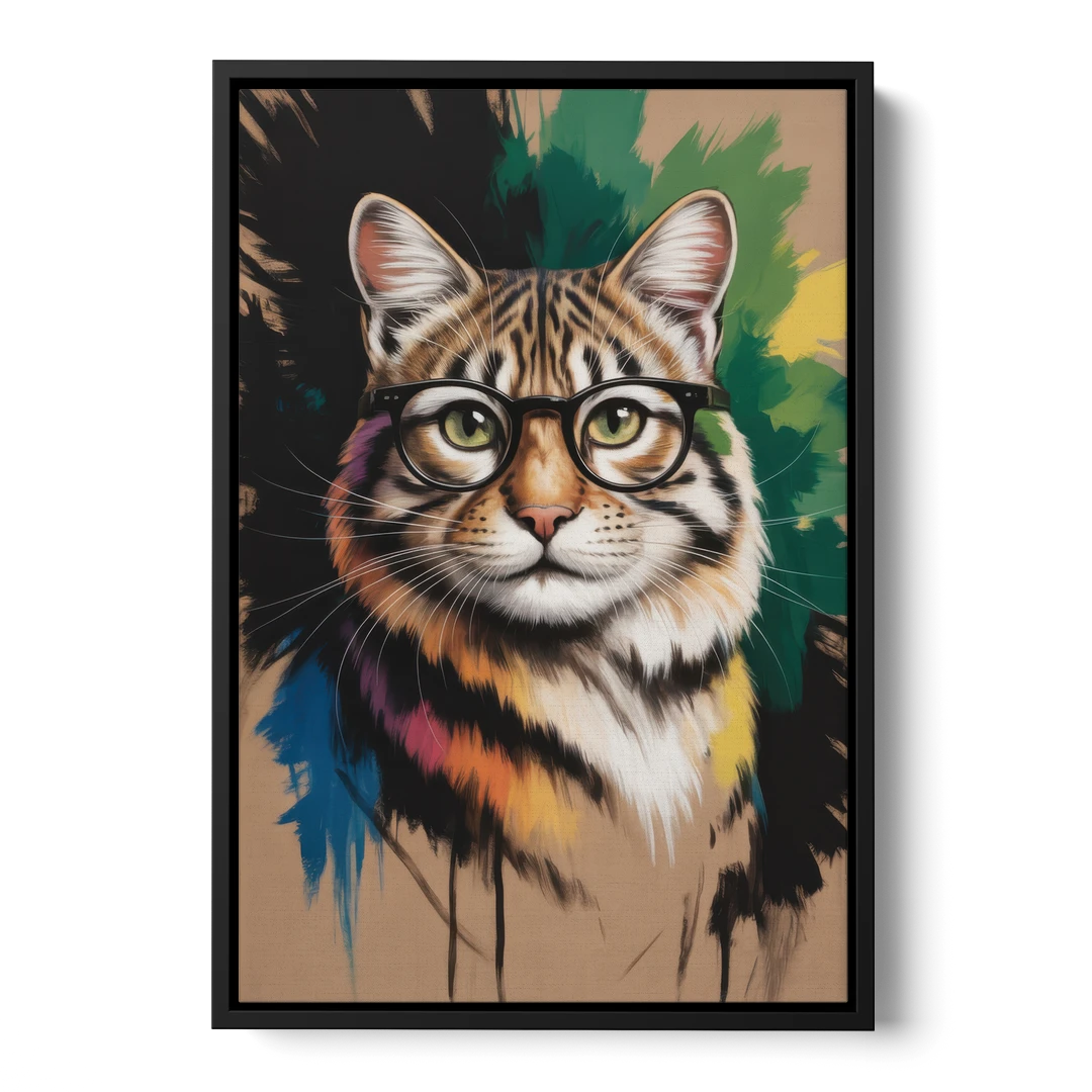 Artistic Cat with Glasses - Black Framed Canvas Wall Art - Front