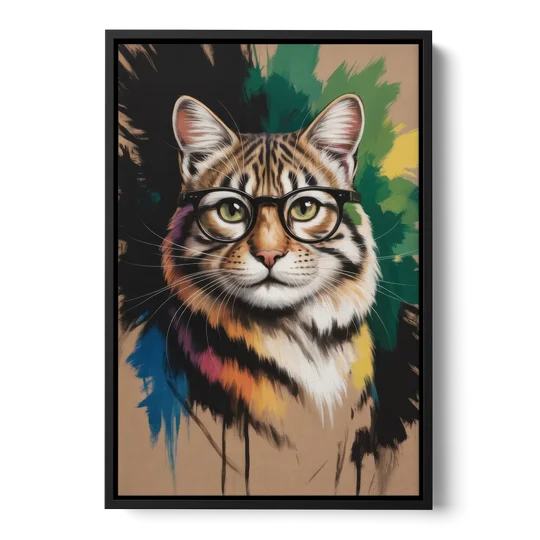 Artistic Cat with Glasses - Black Framed Canvas Wall Art - Front